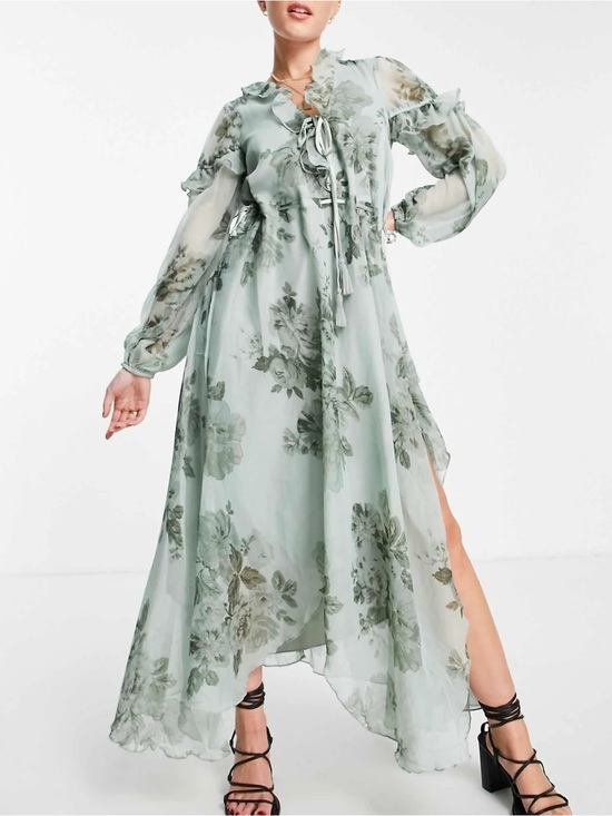 ASOS Dresses & Skirts - ASOS DESIGN Maternity Floral Ruffle Midi Maxi Dress Sage Green Small US 4